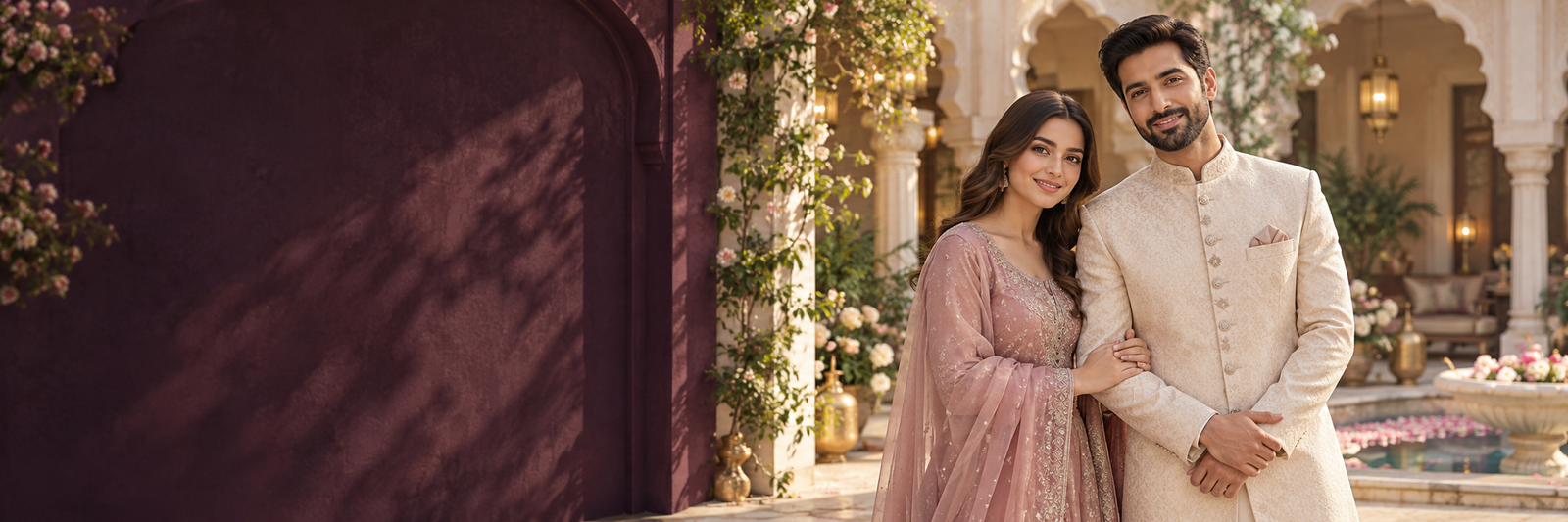 Illustrative South Asian couple in an elegant courtyard